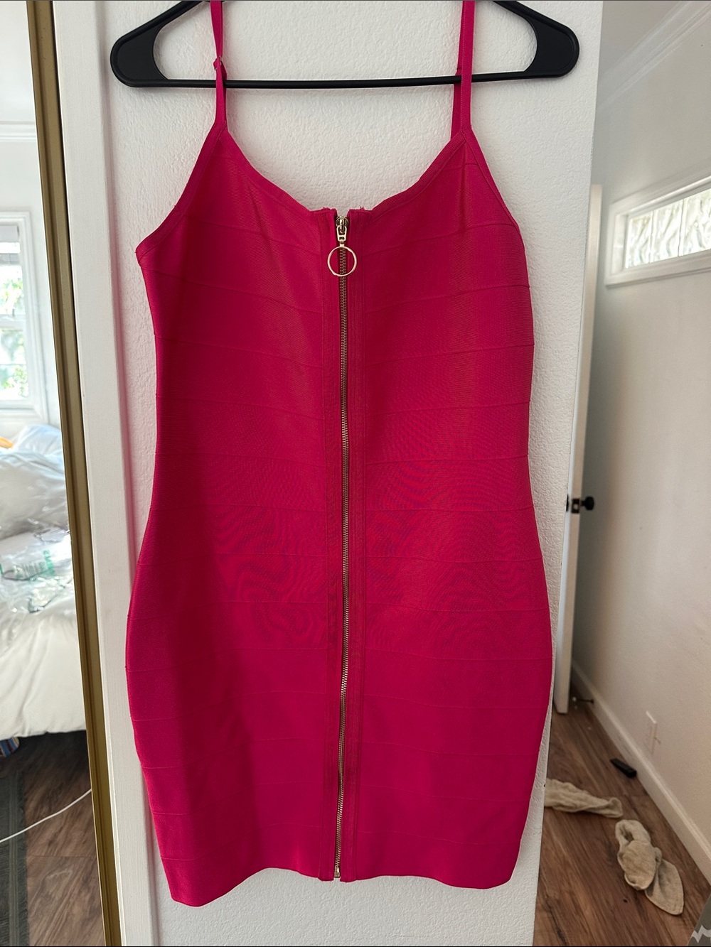 Hot Pink Zip-Front Bando Bodycon Dress